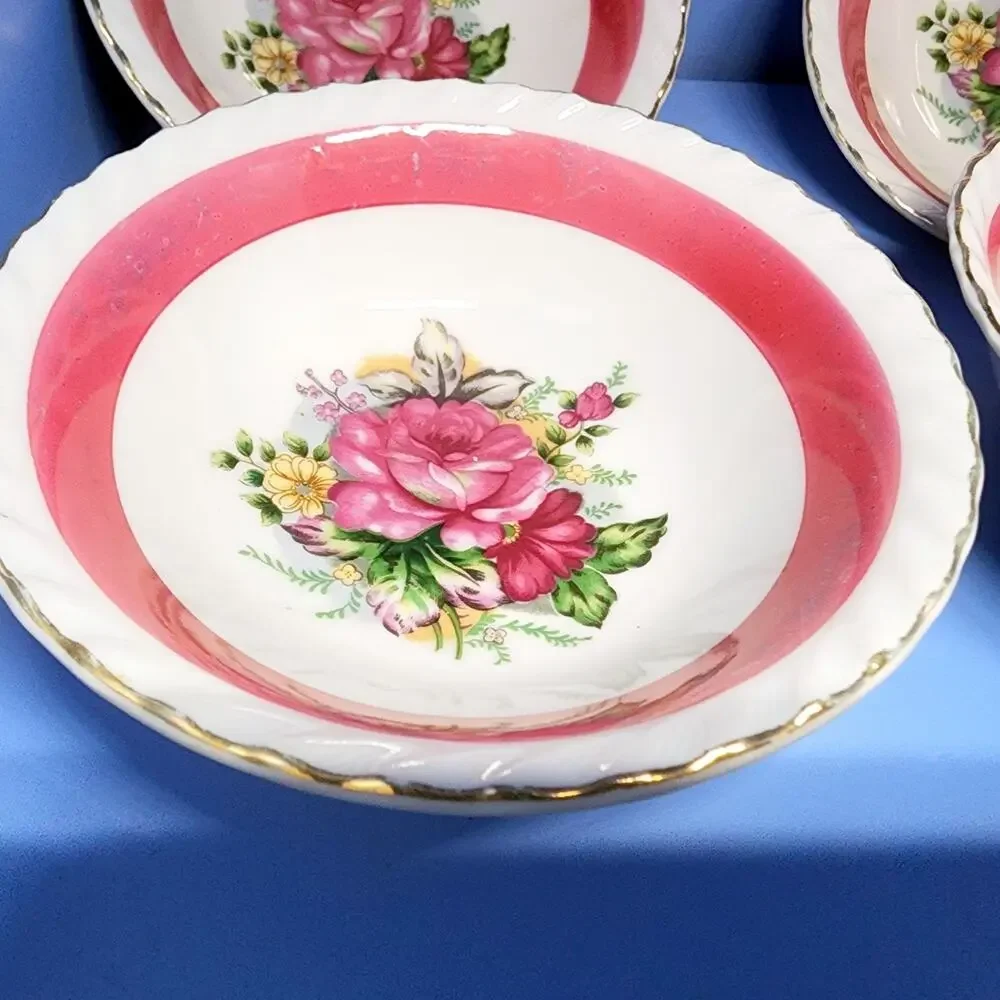 4 Westwood Luster Floral Bowls Gold Trim Pink Burgundy Set 5 1/2